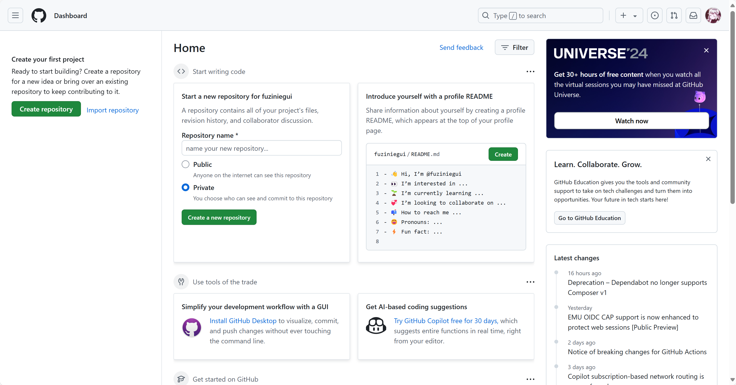 左上角绿色方框创建仓库 github首页